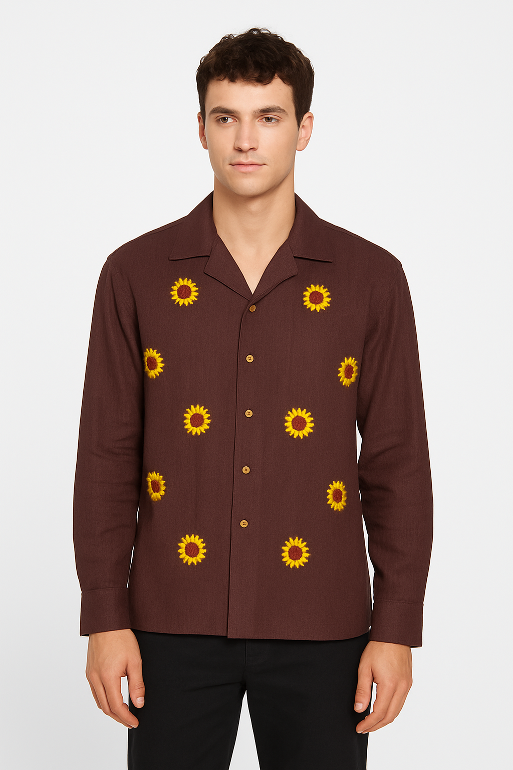 Long Sleeve Congo Brown Flower Printed Shirt