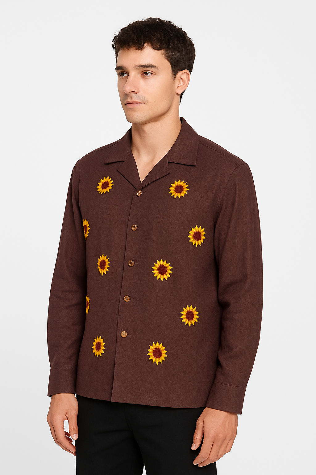 Long Sleeve Congo Brown Flower Printed Shirt