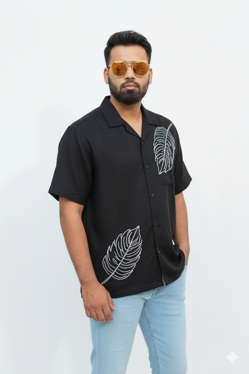 Black Monstera Leaf Embroidered Resort Shirt