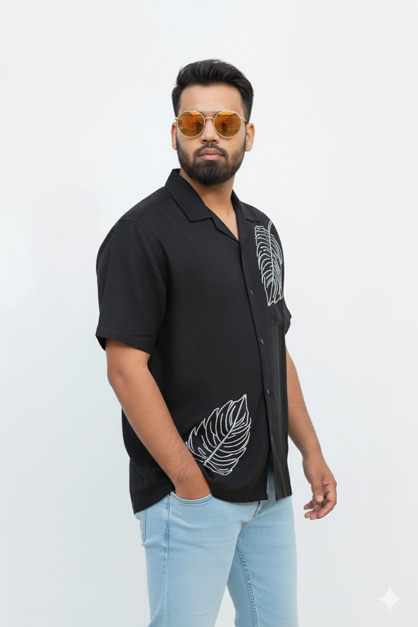 Black Monstera Leaf Embroidered Resort Shirt