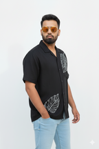 Black Monstera Leaf Embroidered Resort Shirt