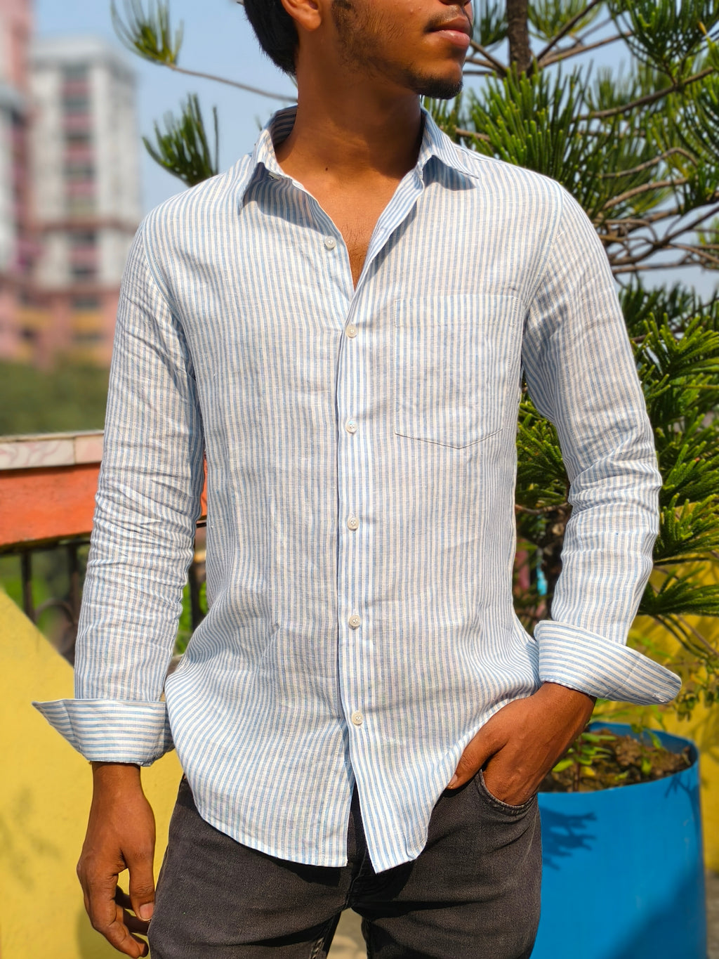 Sky stripes linen full sleeve shirt